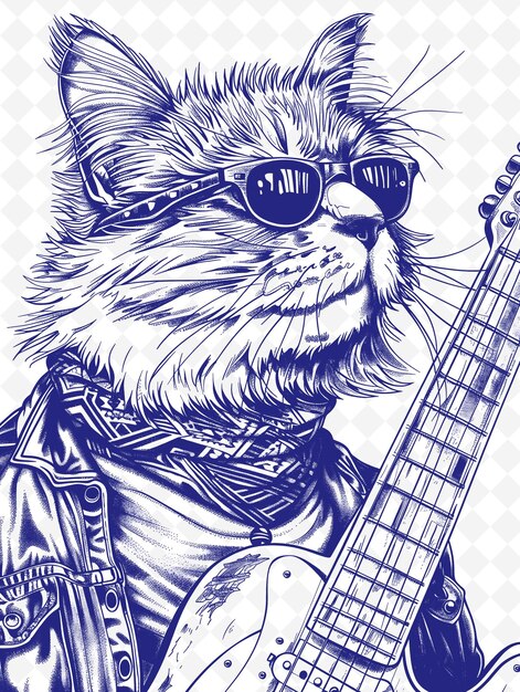 PSD maine coon cat with a guitar and bandana looking rock and ro animals sketch art vector collections