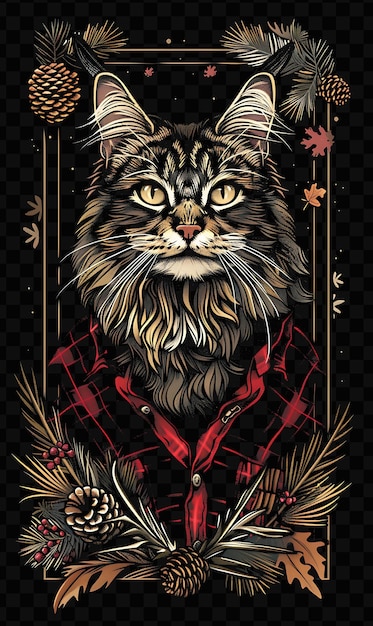 PSD maine coon cat with lying pose and wearing a lumberjack shir frame decor collage ink art design psd