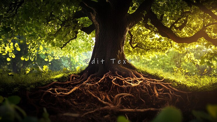 PSD majestic ancient tree with exposed roots in sunlight