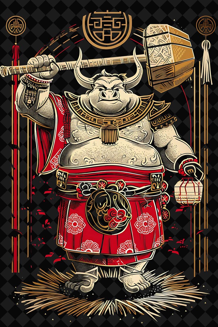 PSD majestic asian ox sumo portrait carrying a tsuchi war hammer illustration animal warrior character