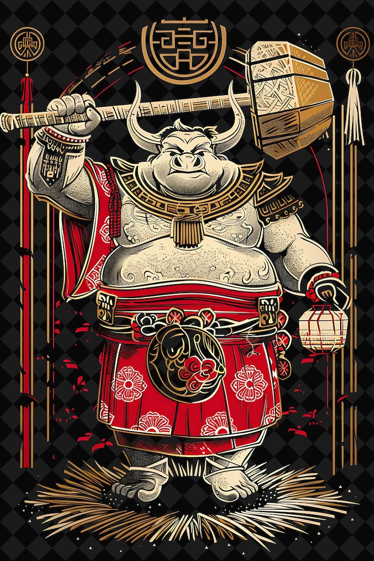 PSD majestic asian ox sumo portrait carrying a tsuchi war hammer illustration animal warrior character