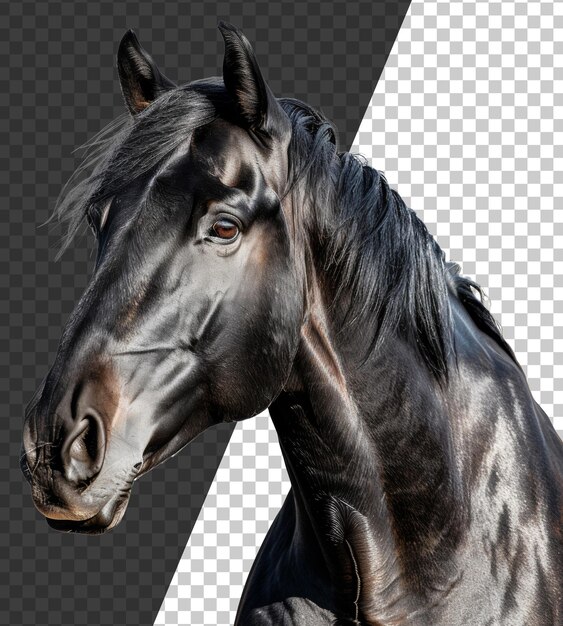 Maestoso cavallo nero che galoppa liberamente su uno sfondo trasparente