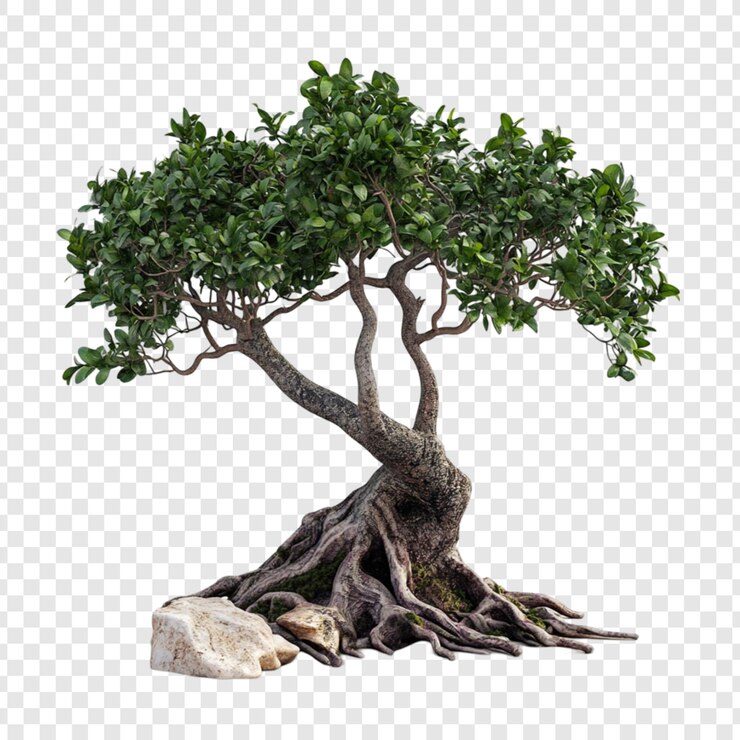PSD majestic bonsai tree ancient roots lush green foliage