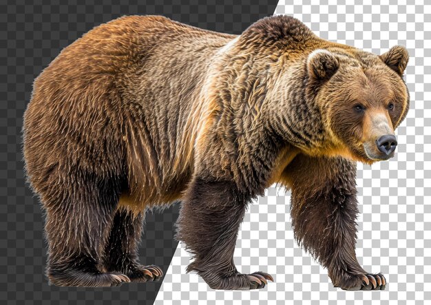 PSD Величественный коричневый медведь, стоящий на прозрачном фоне.