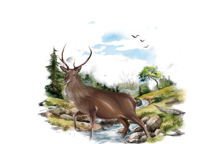 PSD majestic deer in a watercolor forest landscape