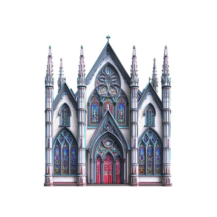 PSD majestic gothic cathedral facade with vibrant stained glass windows