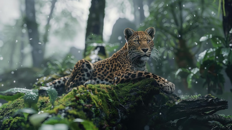 PSD majestic leopard resting on mossy log in lush rainforest during rainfall