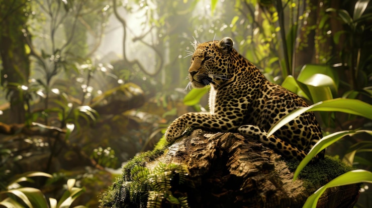 PSD majestic leopard resting on a mossy log in a lush sundappled jungle