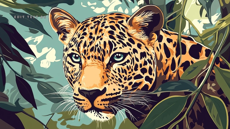 PSD majestic leopard with piercing blue eyes peering from lush jungle foliage