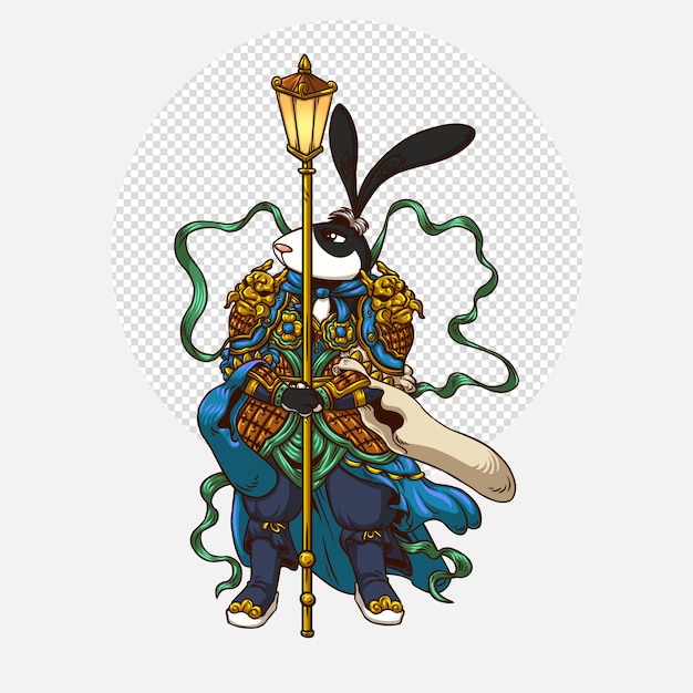 Majestic-looking black rabbit chinese door gods standing.  animal cartoon character