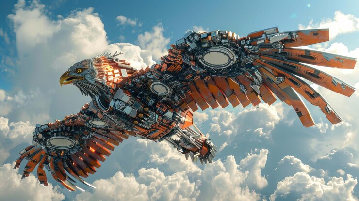 PSD a majestic mechanical eagle soars through the clouds its wings spread wide
