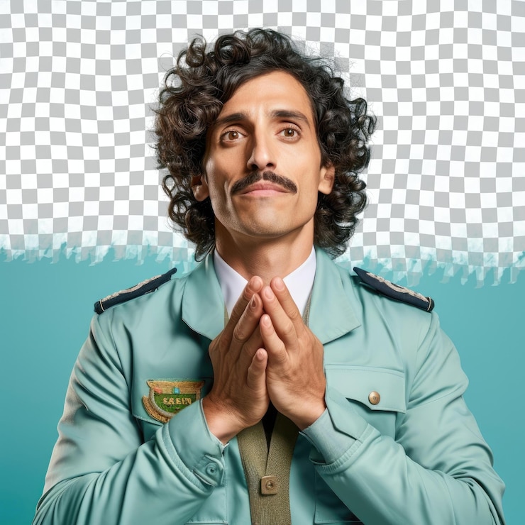 PSD majestic middle eastern pilot handsome elderly man with wavy hair in close up pose on pastel mint