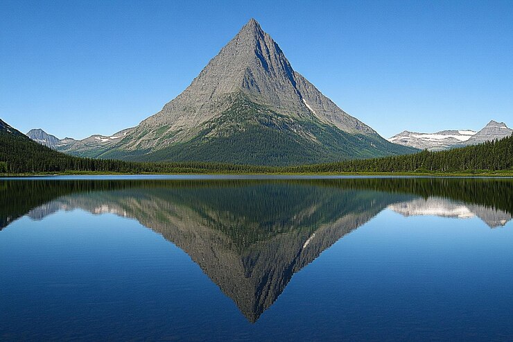 PSD majestic mountain peak reflected perfectly in a calm lake showcasing stunning natural beauty under a clear blue sky