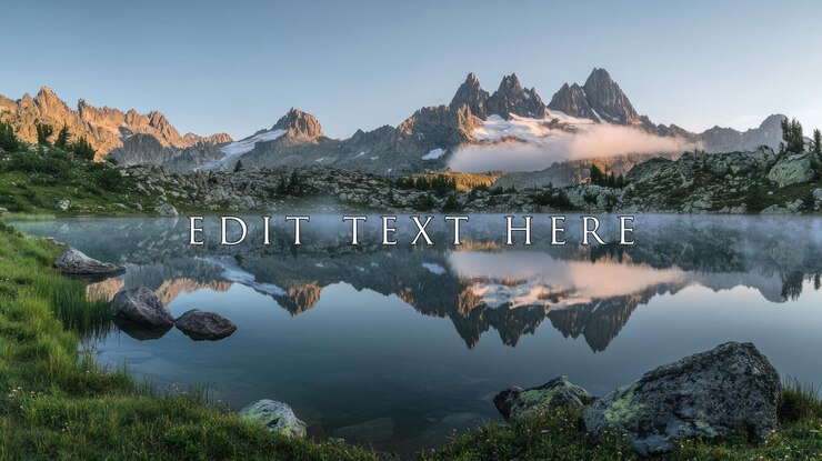 PSD majestic mountain peaks reflected in a serene alpine lake at sunrise with mist over the water