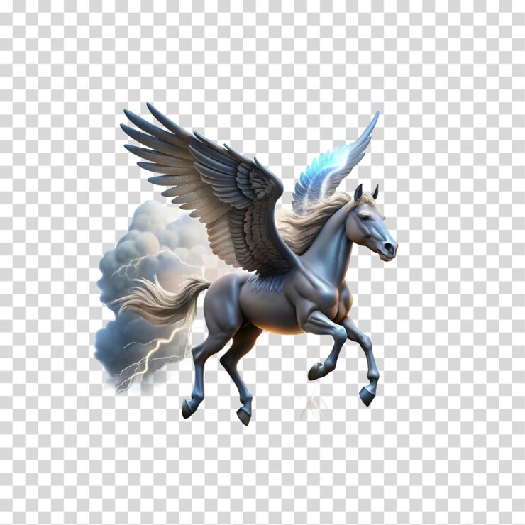 PSD majestic pegasus mythical winged horse soaring through storm clouds