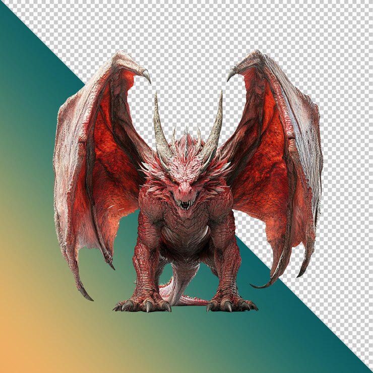 PSD majestic red dragon with spread wings fantasy creature illustration