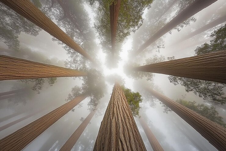 PSD majestic redwood trees in foggy forest low angle view