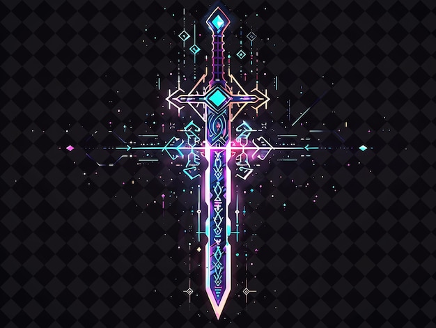 PSD majestic sword 16-bitowy piksel z kamieniami szlachetnymi i runami wygrawerowanymi y2k shape neon color art collections