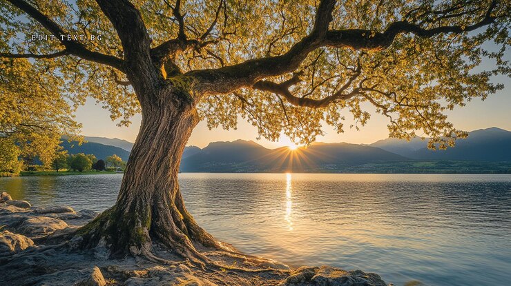 PSD majestic tree by lake at sunset golden hour light