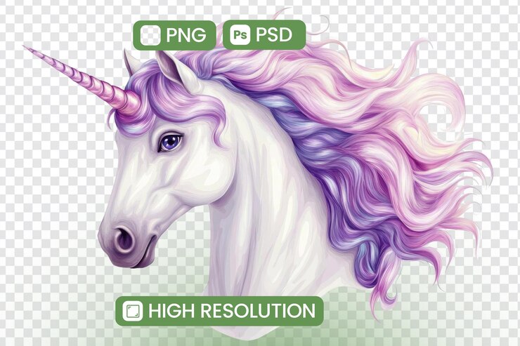 PSD majestic unicorn a highresolution png and psd of a mythical creature with a purple mane and horn illustrating fantasy and digital art perfect for creative projects