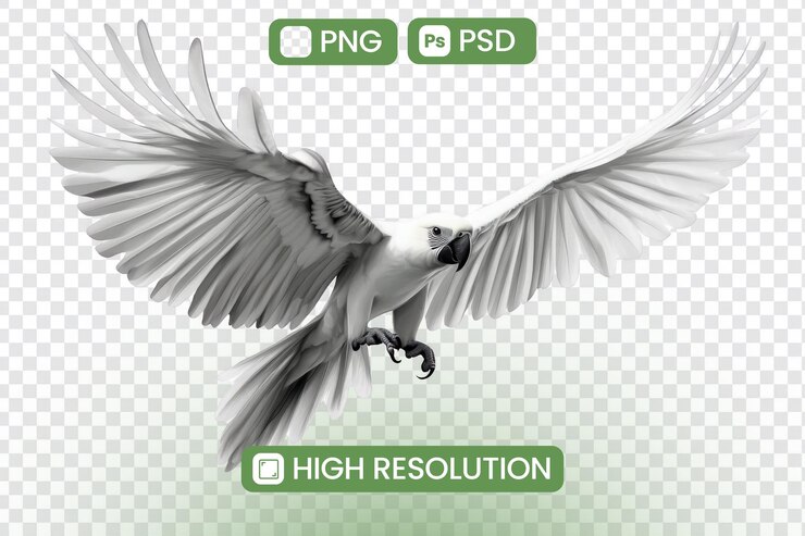 PSD majestic white parrot in flight highresolution png psd download a symbol of freedom and grace perfect for artistic projects and designs explore the avian world with stunning visuals