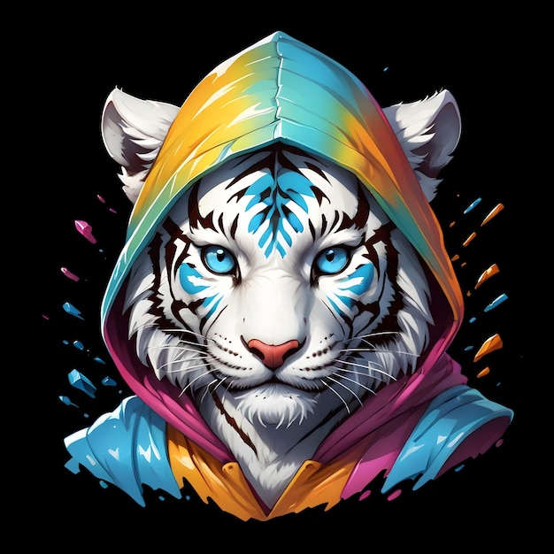 PSD majestic white tiger with blue eyes wearing a hoodie colorful t shirt sticker design dtf design