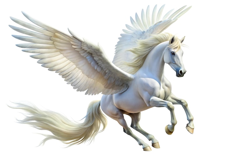 PSD majestic white winged horse pegasus in flight isolated on a white background