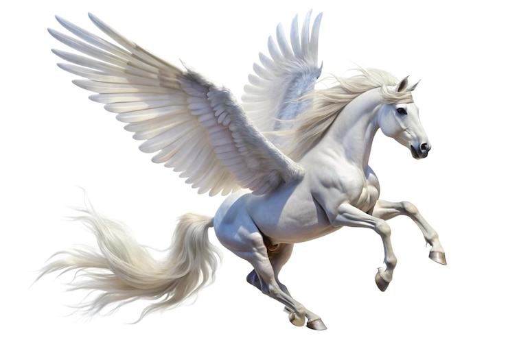 PSD majestic white winged horse pegasus in flight isolated on a white background
