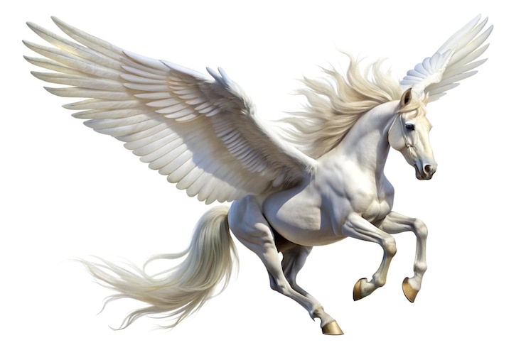 PSD majestic white winged horse pegasus in flight isolated on a white background