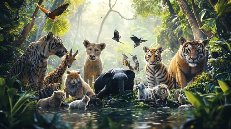 PSD 太陽が昇る時にジャングルの水槽で集まる壮大な野生動物