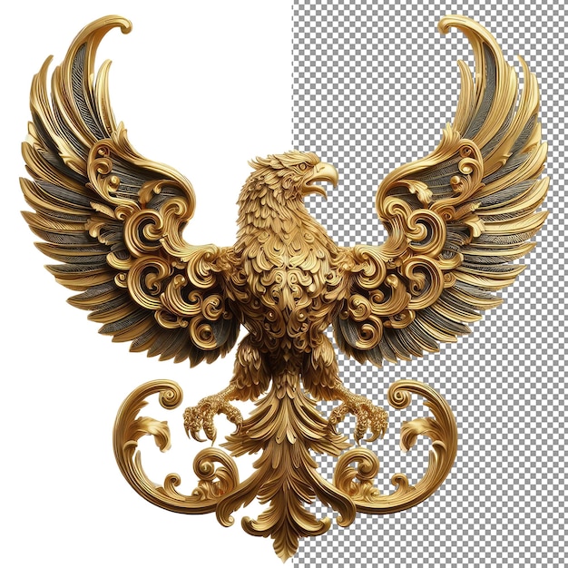 PSD Величественные крылья 3d золотой орел, летящий на прозрачном холсте