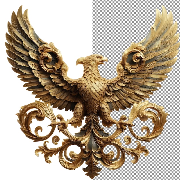 PSD majestic wings striking 3d gold eagle soaring on a transparent canvas