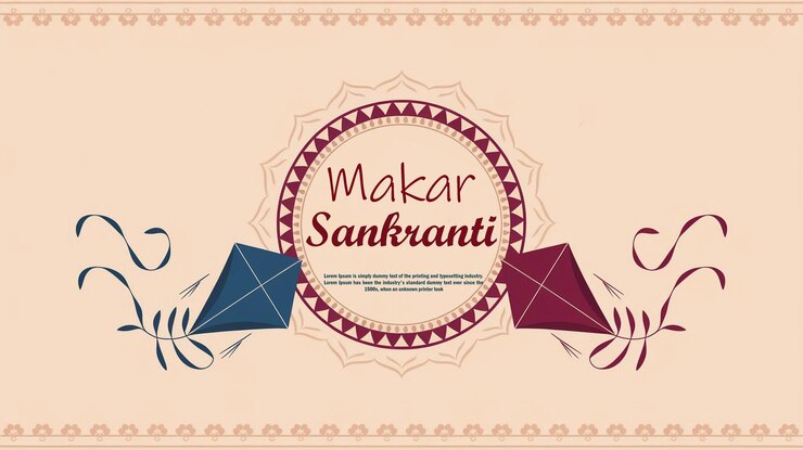 PSD makar sankranti festival background with two colorful kites and traditional border