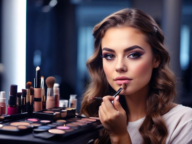 PSD makeup artist applying professional make up to beautiful young woman