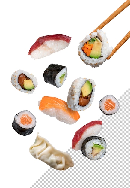 PSD mockup di sushi maki che cade con le bacchette