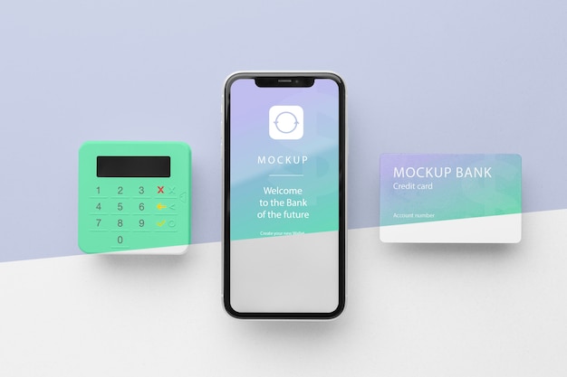 PSD makieta e-płatności ze smartfonem i terminalem płatniczym