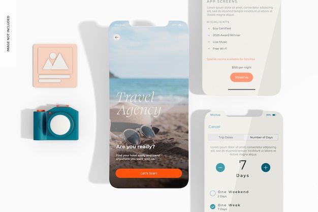 PSD makieta ekranów aplikacji podróżniczej agencji, widok z góry