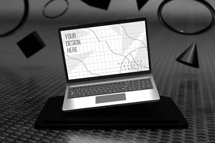 Makieta ekranu laptopa nad kwadratowym cokołem z tłem geometrycznych kształtów 3D