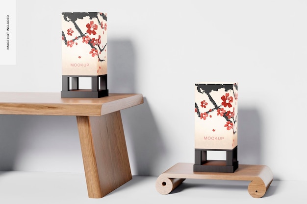 PSD makieta japońskich papierowych lamp biurkowych, widok z prawej strony