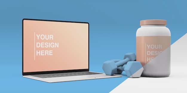 Makieta laptopa obok hantli i butelki białka serwatki w proszku renderowania 3d