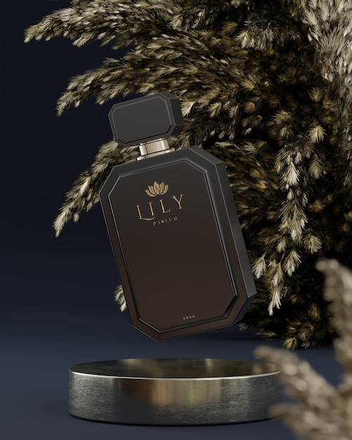 PSD makieta logo czarnej luksusowej butelki perfum na czarnym tle renderowania 3d