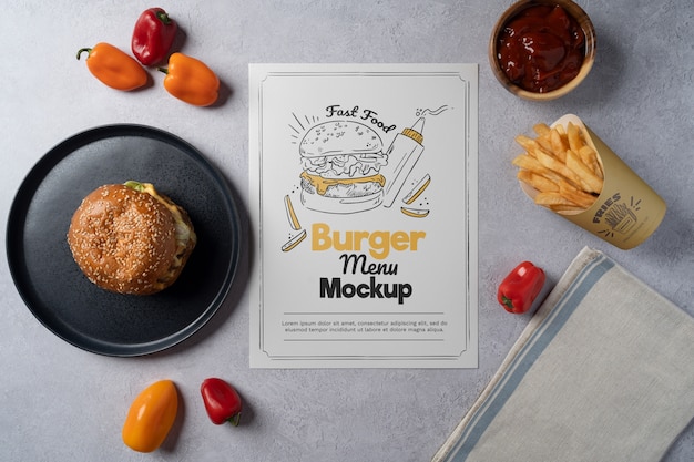PSD makieta menu restauracji hamburger z fast foodami