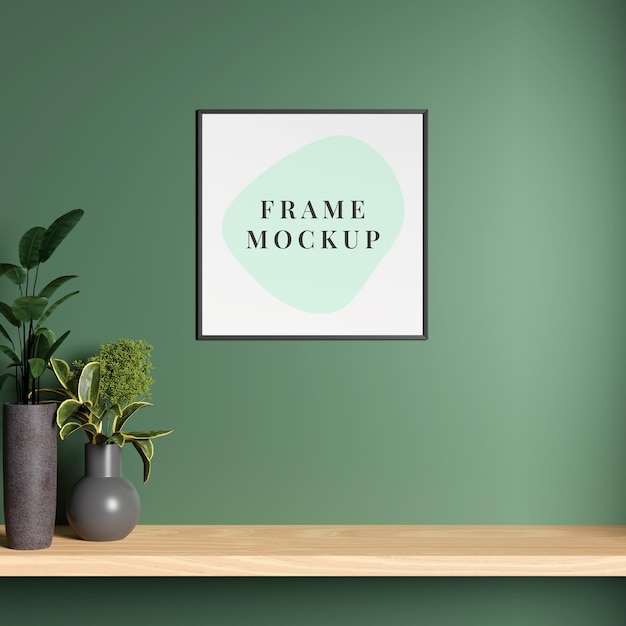 Makieta minimalistycznej ramki na zdjęcia wiszące na ścianie w salonie z rośliną