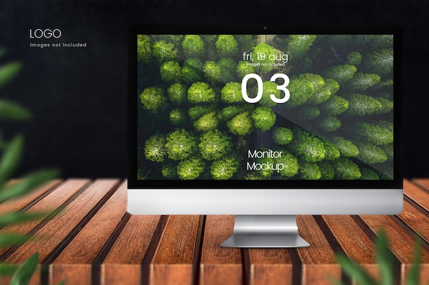 PSD makieta monitora komputerowego i makieta ekranu na rustykalnym drewnianym stole