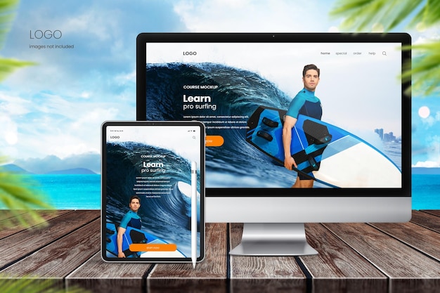 Makieta monitora komputerowego i makieta tabletu na tle plaży z oceanem i błękitnym niebem