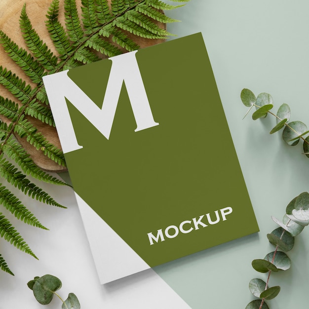 Makieta okładki magazynu flat lay nature z układem liści