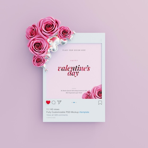 Makieta Postu Na Instagramie Z Walentynkowymi Wibracjami Ozdobiona Słodkimi Różami I Miłosnymi Sercami