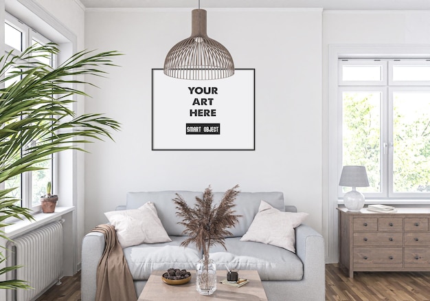 Makieta poziomej czarnej ramy, salon boho z sofą