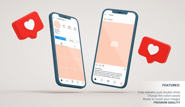 Makieta profilu na Instagramie i interfejsów postów w ruchomych telefonach z podobnymi powiadomieniami w renderowaniu 3D