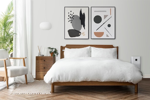 PSD makieta ramki na zdjęcia psd w jasnej i czystej nowoczesnej sypialni